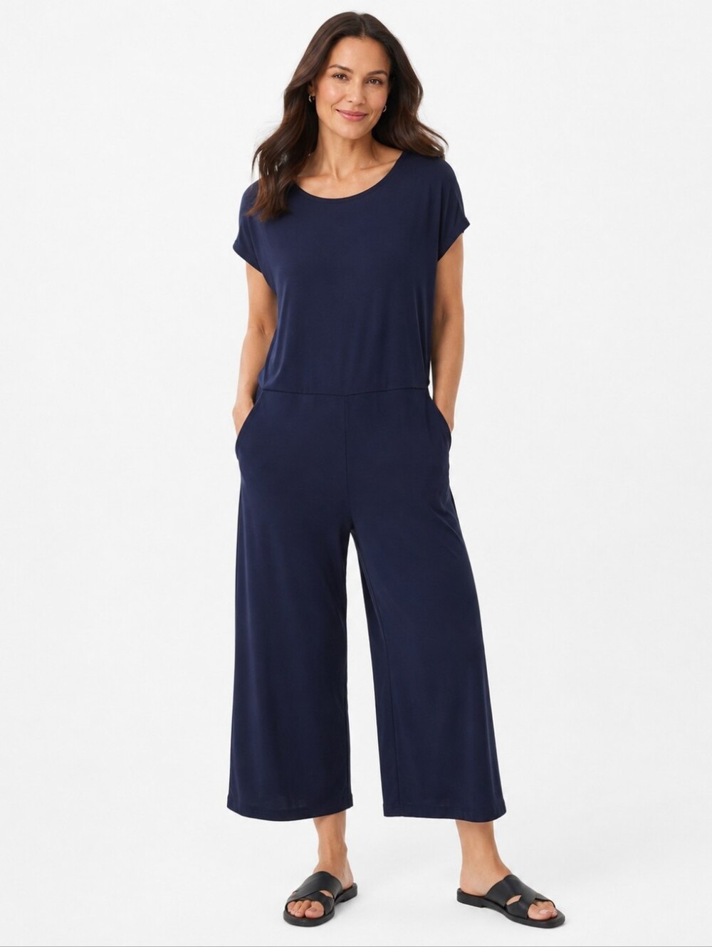 Eileen Fisher Navy Stretch Jersey Cropped Jumpsuit XL Wide Leg USA Made